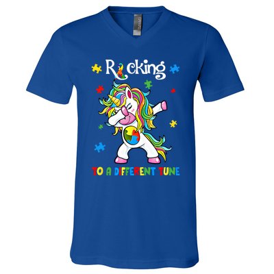 Rocking To A Different Tune Dabbing Unicorn Autism Awareness Gift V-Neck T-Shirt