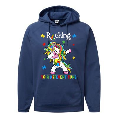 Rocking To A Different Tune Dabbing Unicorn Autism Awareness Gift Performance Fleece Hoodie