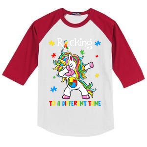 Rocking To A Different Tune Dabbing Unicorn Autism Awareness Gift Kids Colorblock Raglan Jersey