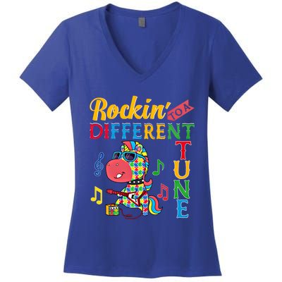 Rocking To A Different Tune Unicorn Autism Awareness Funny Gift Women's V-Neck T-Shirt