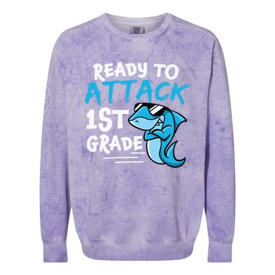 Ready To Attack First Grade Shark Cute 1St Grade Gift Colorblast Crewneck Sweatshirt