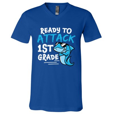 Ready To Attack First Grade Shark Cute 1St Grade Gift V-Neck T-Shirt