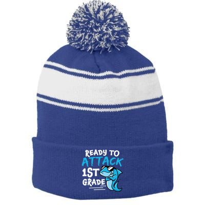 Ready To Attack First Grade Shark Cute 1St Grade Gift Stripe Pom Pom Beanie