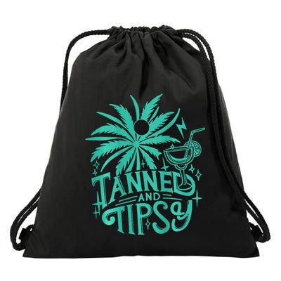 Retro Tanned And Tipsy Beach Summer Vacation Funny (On Back) Drawstring Bag