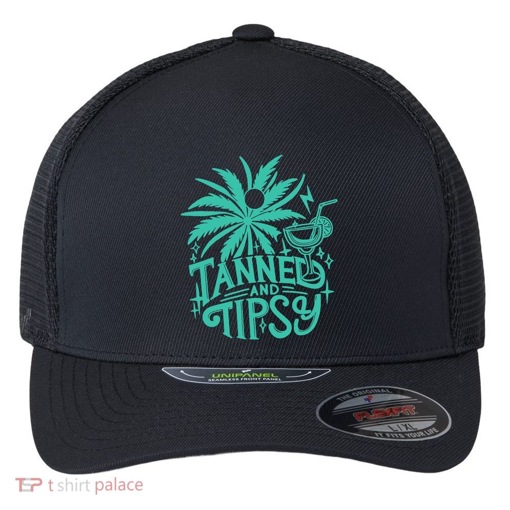 Retro Tanned And Tipsy Beach Summer Vacation Funny Flexfit Unipanel Trucker Cap