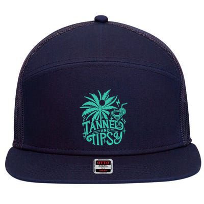 Retro Tanned And Tipsy Beach Summer Vacation Funny 7 Panel Mesh Trucker Snapback Hat