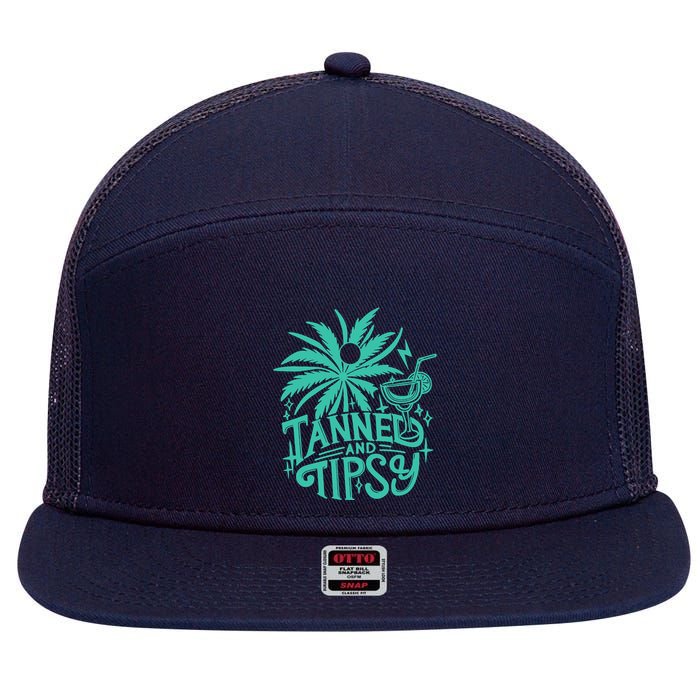 Retro Tanned And Tipsy Beach Summer Vacation Funny 7 Panel Mesh Trucker Snapback Hat