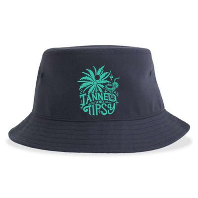 Retro Tanned And Tipsy Beach Summer Vacation Funny Sustainable Bucket Hat