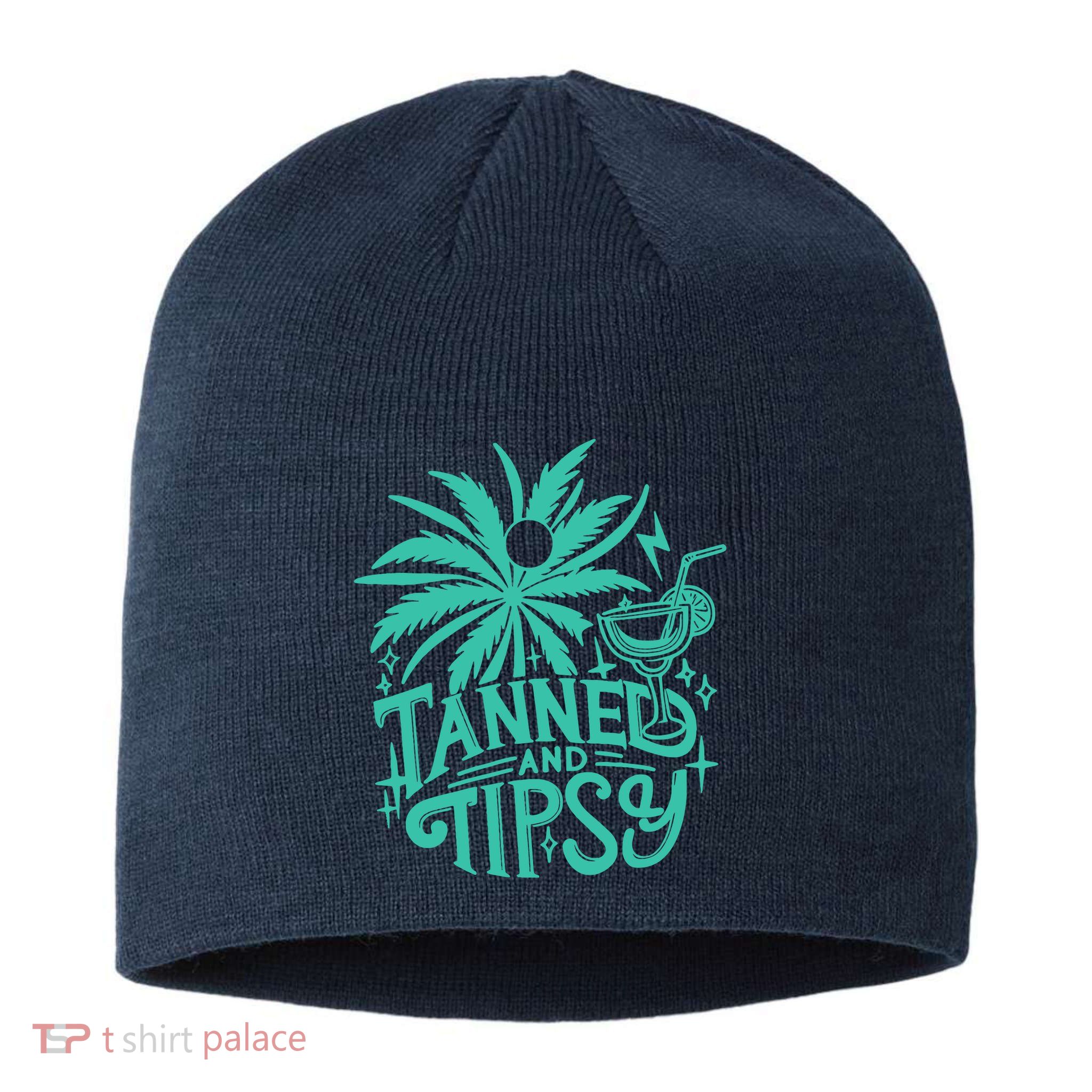 Retro Tanned And Tipsy Beach Summer Vacation Funny Sustainable Beanie