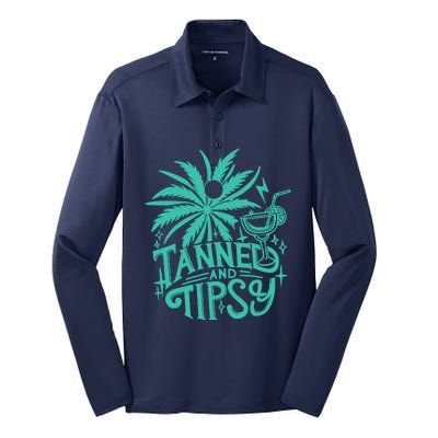 Retro Tanned And Tipsy Beach Summer Vacation Funny Silk Touch Performance Long Sleeve Polo