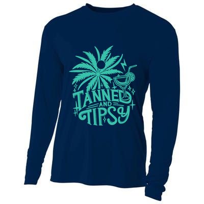 Retro Tanned And Tipsy Beach Summer Vacation Funny Cooling Performance Long Sleeve Crew