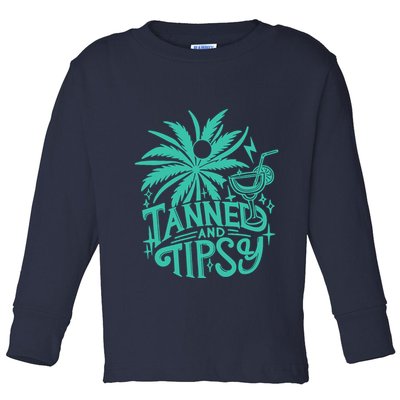 Retro Tanned And Tipsy Beach Summer Vacation Funny Toddler Long Sleeve Shirt