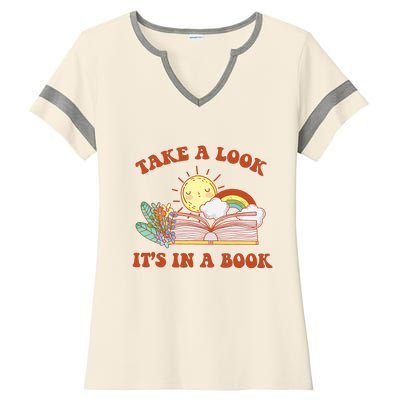 Retro Take A Look ItS In A Book Rainbow Book Lover Teacher Ladies Halftime Notch Neck Tee