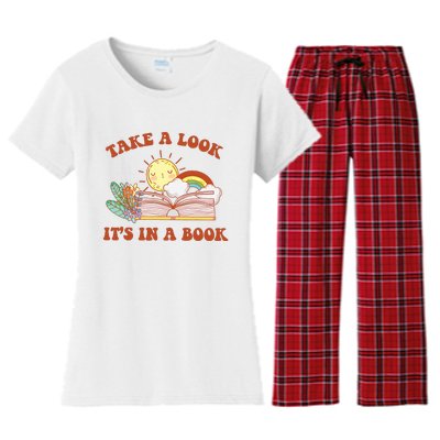 Retro Take A Look ItS In A Book Rainbow Book Lover Teacher Women's Flannel Pajama Set