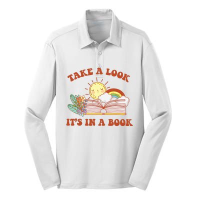 Retro Take A Look ItS In A Book Rainbow Book Lover Teacher Silk Touch Performance Long Sleeve Polo