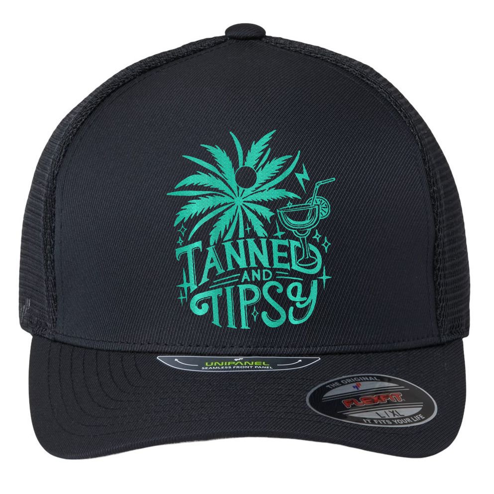 Retro Tanned And Tipsy Beach Summer Vacation Flexfit Unipanel Trucker Cap