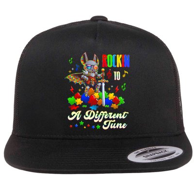 Rockin' To A Different Tune Autism Warrior Bat Puzzle Gift Flat Bill Trucker Hat