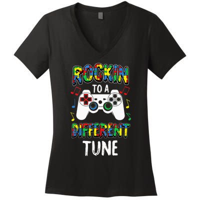 Rocking To A Different Tune Autism Awareness Gamer Women's V-Neck T-Shirt