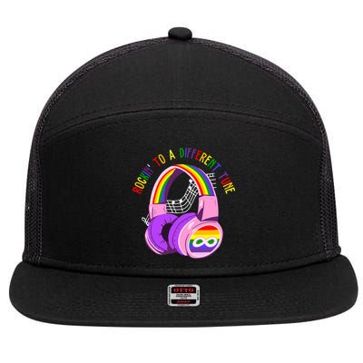Rockin To A Different Tune Rainbow Autism Awareness 7 Panel Mesh Trucker Snapback Hat