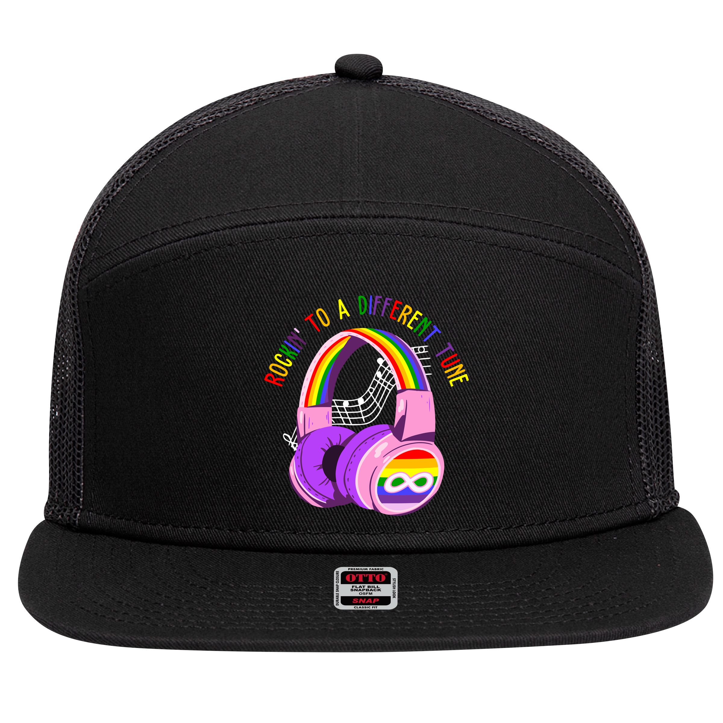 Rockin To A Different Tune Rainbow Autism Awareness 7 Panel Mesh Trucker Snapback Hat