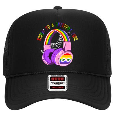 Rockin To A Different Tune Rainbow Autism Awareness High Crown Mesh Back Trucker Hat