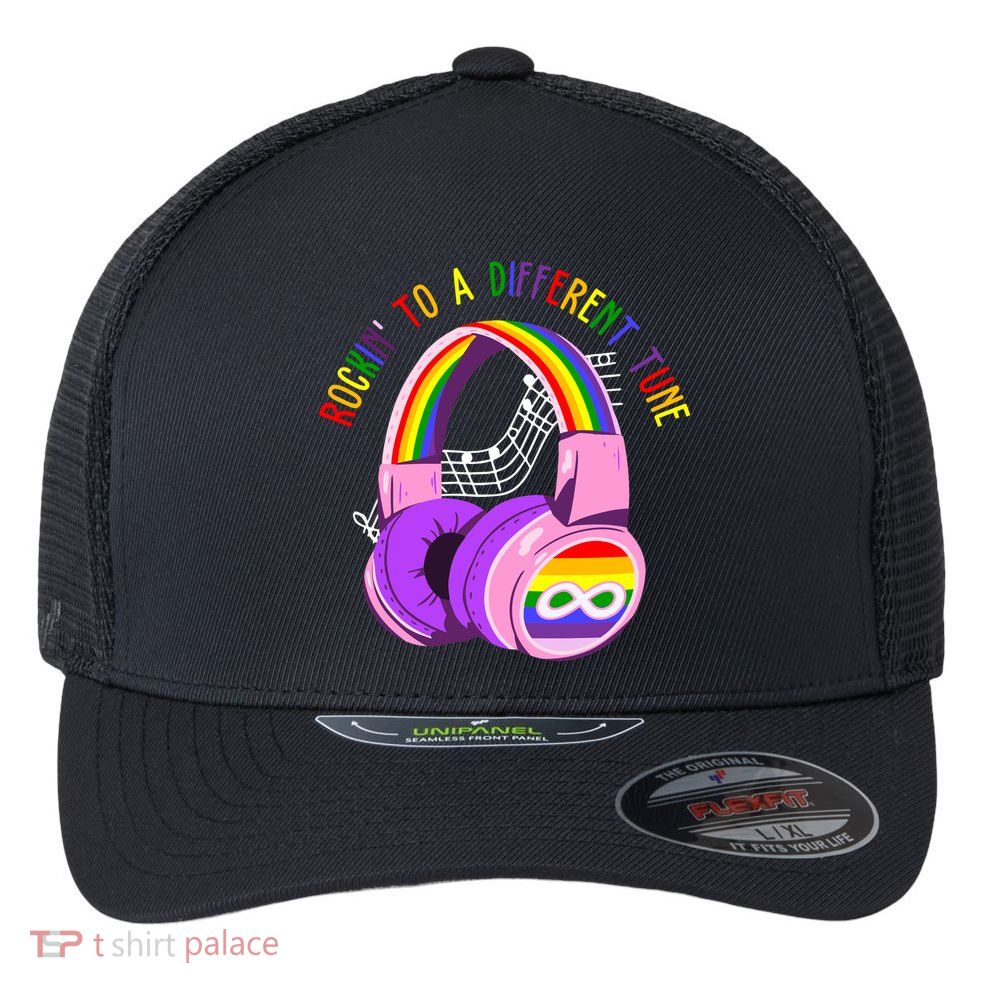 Rockin To A Different Tune Rainbow Autism Awareness Flexfit Unipanel Trucker Cap