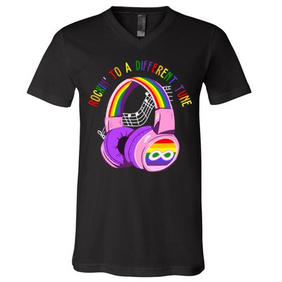 Rockin To A Different Tune Rainbow Autism Awareness V-Neck T-Shirt