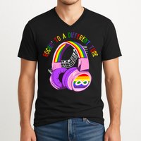 Rockin To A Different Tune Rainbow Autism Awareness V-Neck T-Shirt