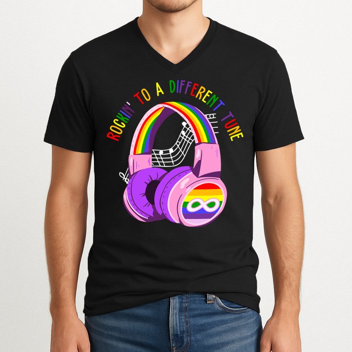 Rockin To A Different Tune Rainbow Autism Awareness V-Neck T-Shirt