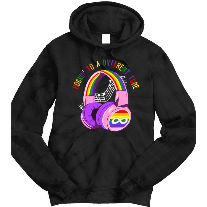 Rockin To A Different Tune Rainbow Autism Awareness Tie Dye Hoodie