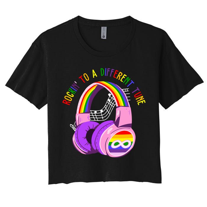 Rockin To A Different Tune Rainbow Autism Awareness Crop Top