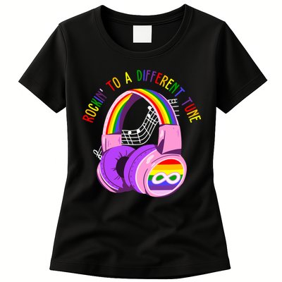 Rockin To A Different Tune Rainbow Autism Awareness Womens T-Shirt