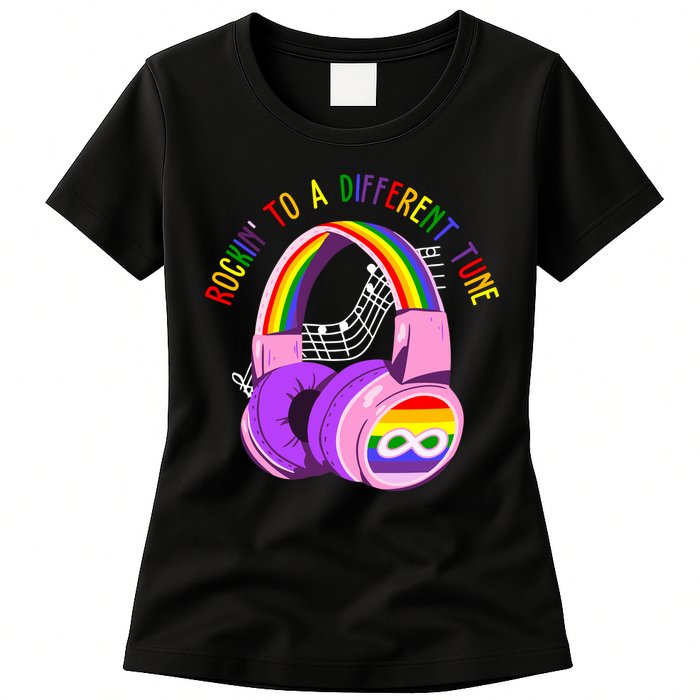 Rockin To A Different Tune Rainbow Autism Awareness Womens T-Shirt