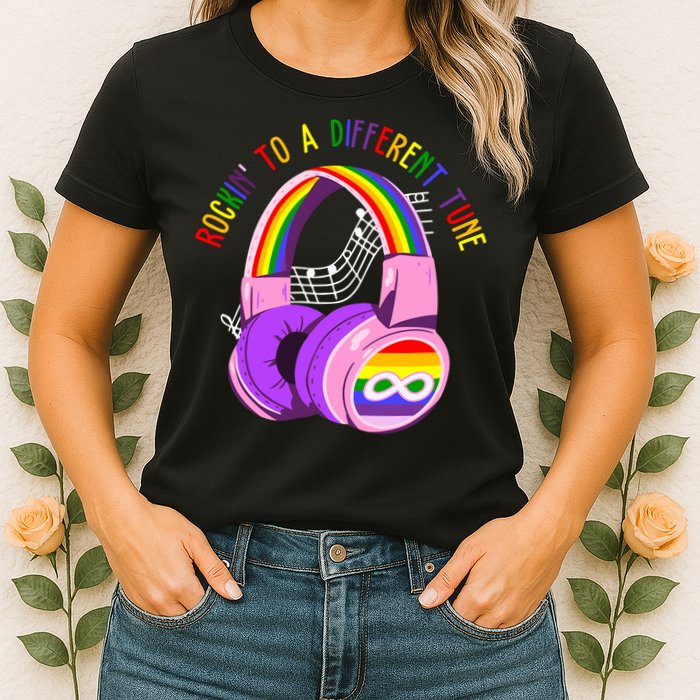 Rockin To A Different Tune Rainbow Autism Awareness Womens T-Shirt