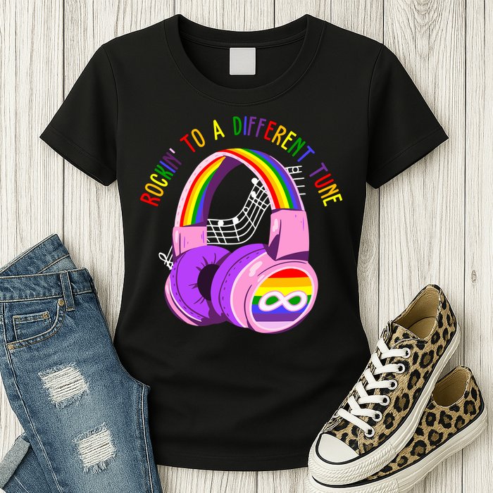 Rockin To A Different Tune Rainbow Autism Awareness Womens T-Shirt
