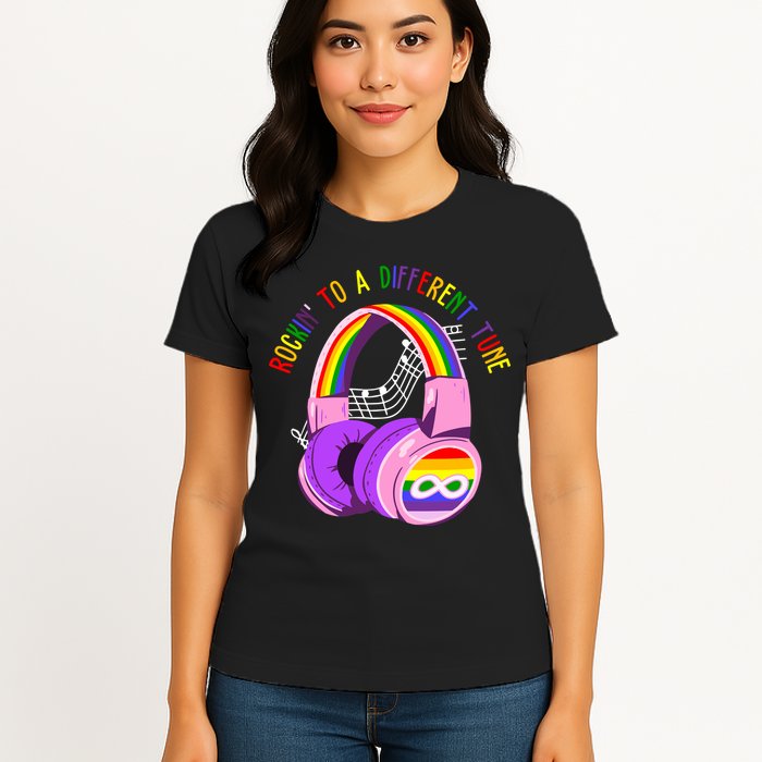 Rockin To A Different Tune Rainbow Autism Awareness Womens T-Shirt