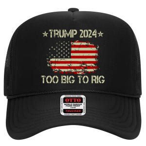 Retro Too Big To Rig Trump Quote President 2024 Us Flag High Crown Mesh Back Trucker Hat