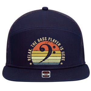 Relax The Bass Player Is Here Bassist Gifts Music Guitar 7 Panel Mesh Trucker Snapback Hat