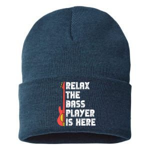 Relax The Bass Player Is Here Funny Music Bassist Guitar Sustainable Knit Beanie