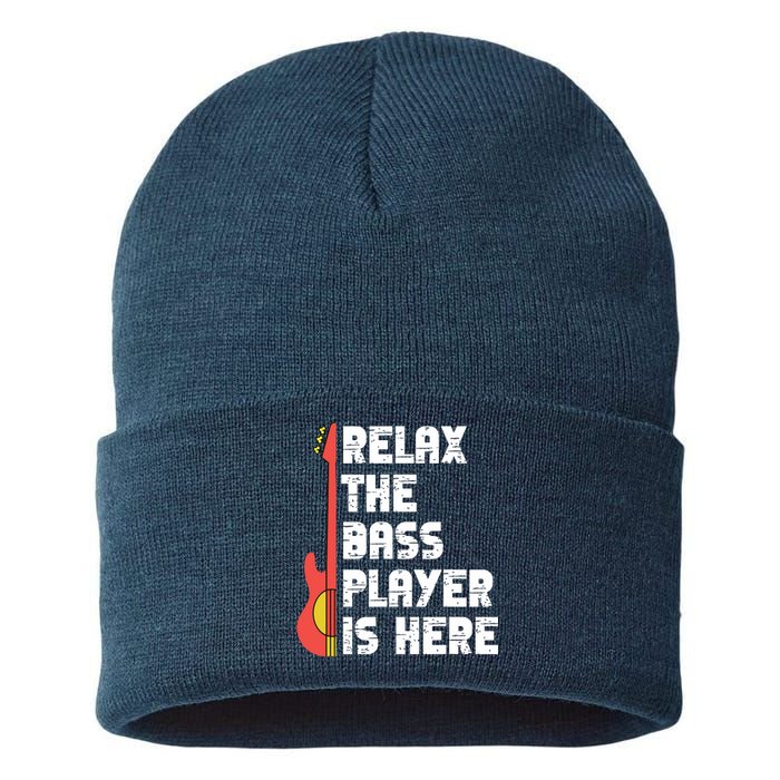 Relax The Bass Player Is Here Funny Music Bassist Guitar Sustainable Knit Beanie