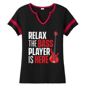 Relax The Bass Player Is Here Bassist Gifts Music Guitar Ladies Halftime Notch Neck Tee