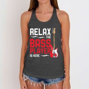 Relax The Bass Player Is Here Funny Music Bassist Guitar Women's Knotted Racerback Tank