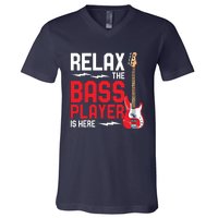 Relax The Bass Player Is Here Funny Music Bassist Guitar V-Neck T-Shirt