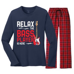 Relax The Bass Player Is Here Funny Music Bassist Guitar Women's Long Sleeve Flannel Pajama Set 