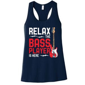 Relax The Bass Player Is Here Funny Music Bassist Guitar Women's Racerback Tank