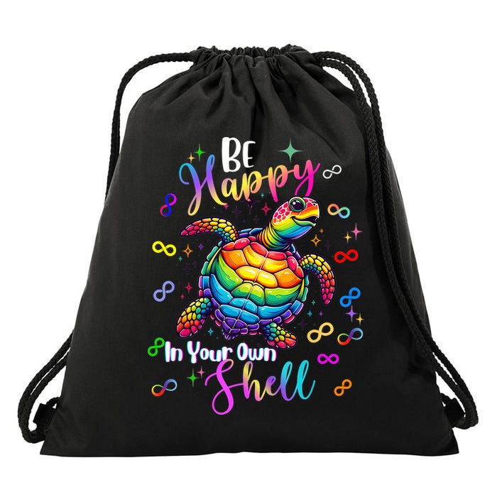 Rainbow Turtle Be Happy In Your Own Shell Autism Awareness Drawstring Bag