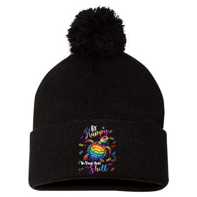 Rainbow Turtle Be Happy In Your Own Shell Autism Awareness Pom Pom 12in Knit Beanie