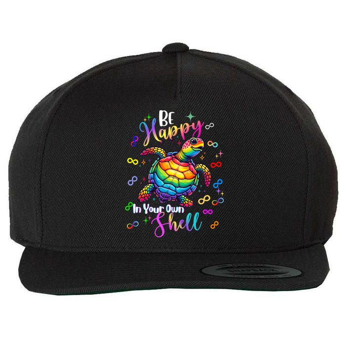 Rainbow Turtle Be Happy In Your Own Shell Autism Awareness Wool Snapback Cap