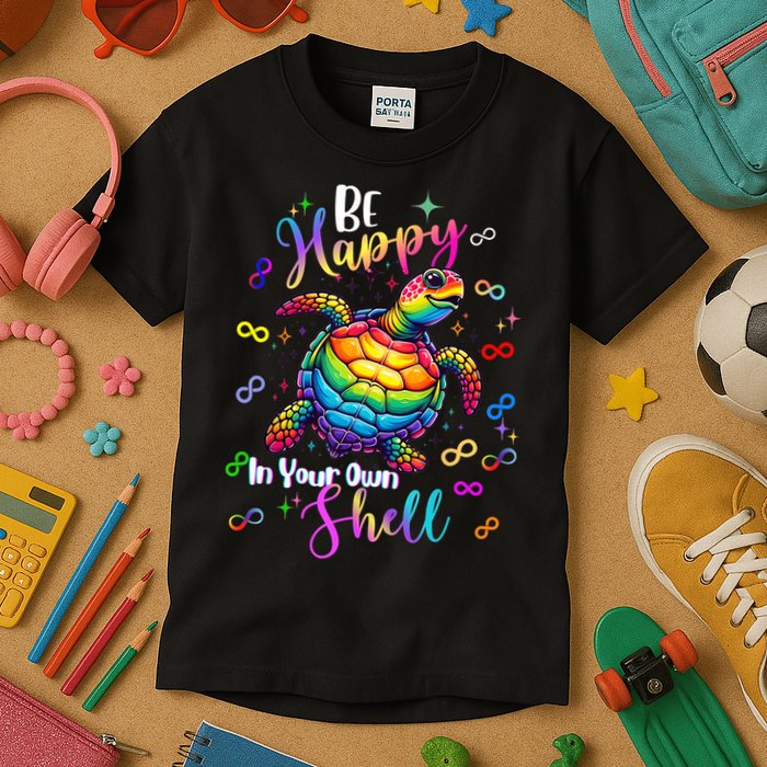 Rainbow Turtle Be Happy In Your Own Shell Autism Awareness Kids T-Shirt