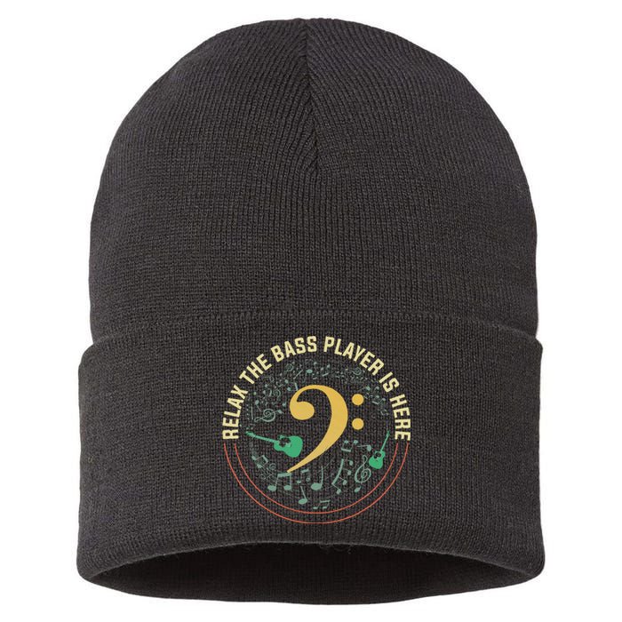 Relax The Bass Player Is Here Bassist Gifts Music Guitar Sustainable Knit Beanie